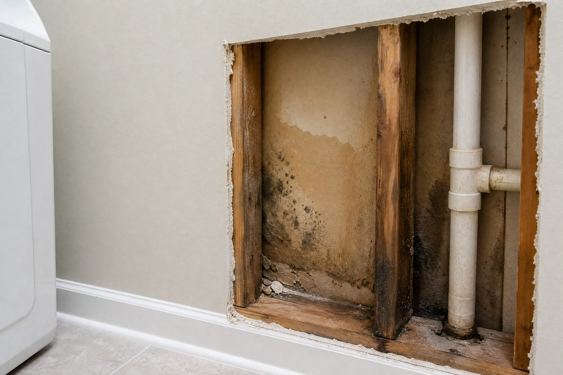 Moisture damage behind an interior wall near plumbing