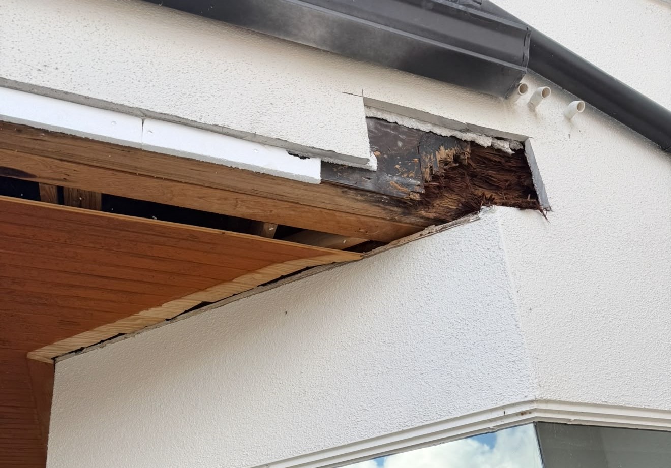 Hidden deterioration exposed within a balcony beam behind exterior materials